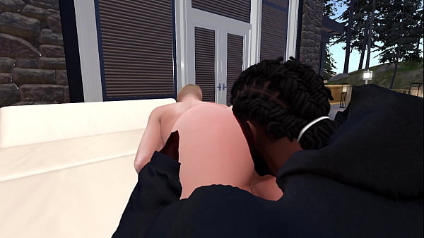 Second Life Black man fucks white woman on a front porch